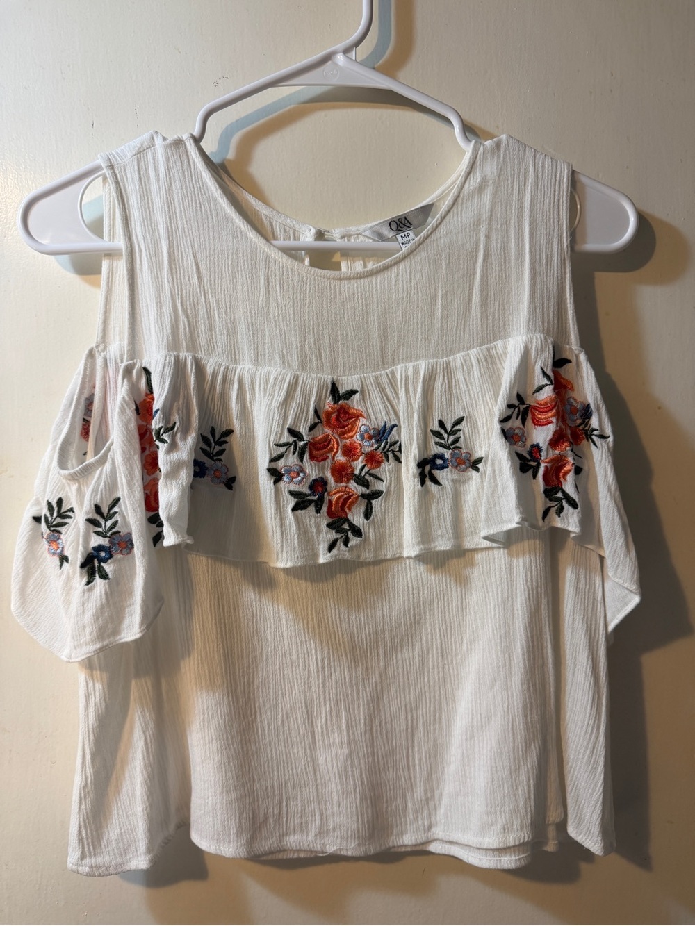 White Cold-Shoulder Embroidered Ruffle Top